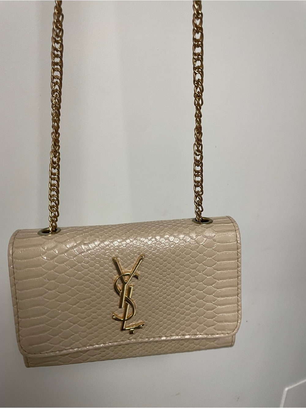 Saint Laurent Nude Textured Leather Chain Crossbody with Gold YSL